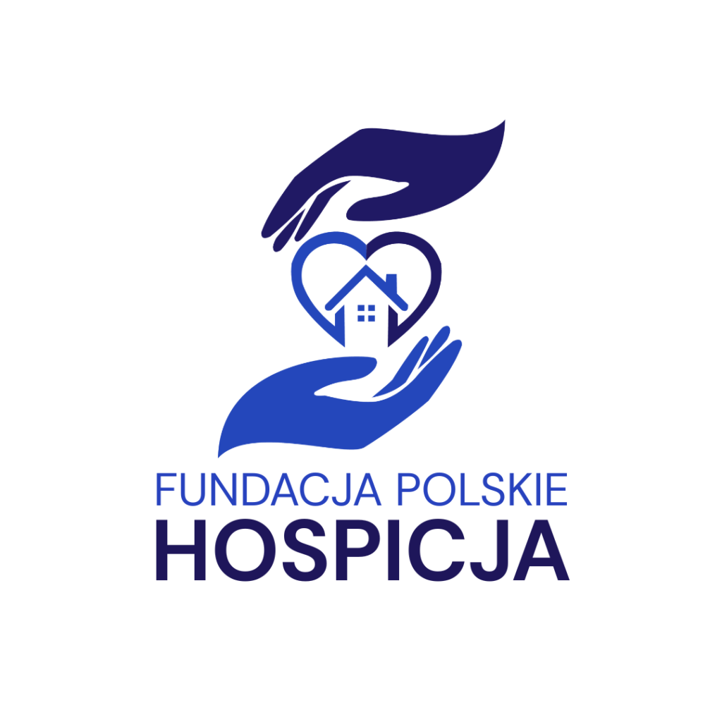 logo Fundacji Polskie Hospicja. Ręce pomieędzy którymi jest ikona domu otoczonego sercem. Odcienie niebieskiego